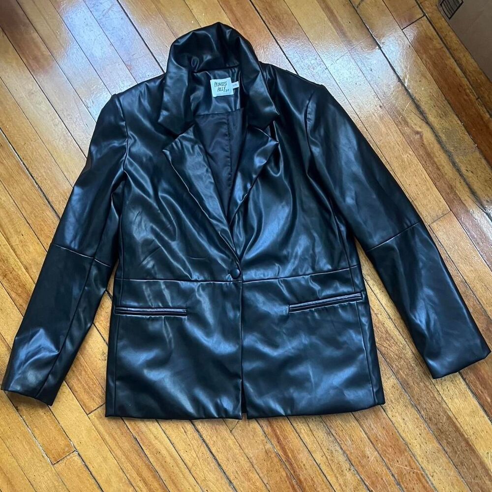 Princess Polly Leather Jacket Women's L XL Black Button Blazer